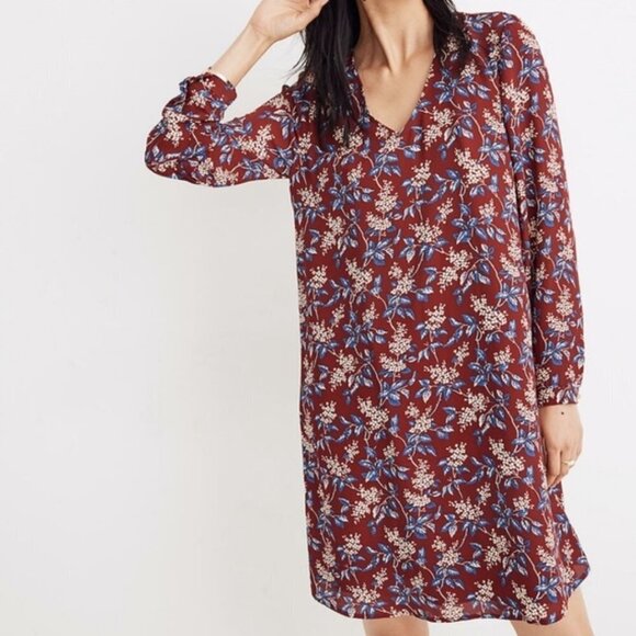 Madewell Burgundy Red Antique Floral Long Sleeve V-Neck Button-Back Shift Dress - Picture 2 of 16